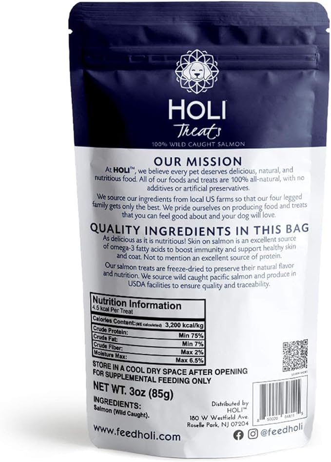 HOLI Freeze Dried Salmon Dog Treats - with Omega 3 and 6 Fish Oil - All Natural Dog Treats - Human Grade - Wild Caught Skin on Salmon - Made in USA - Grain Free - Diabetic Friendly