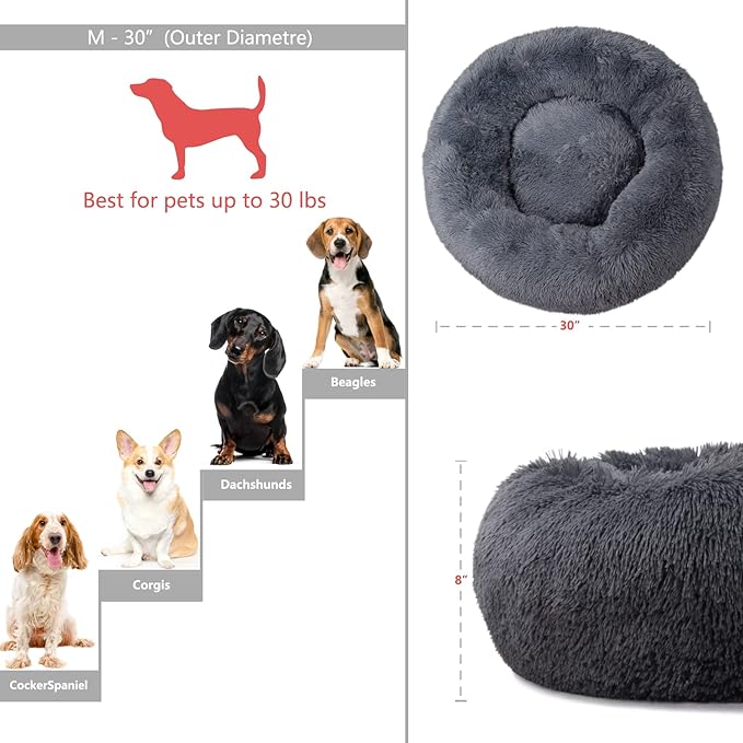 Calming Bed for Dogs 30 Inches Dark Gray Dog Beds for Medium Dogs Washable Anti-Anxiety Dog Beds for Medium Dogs