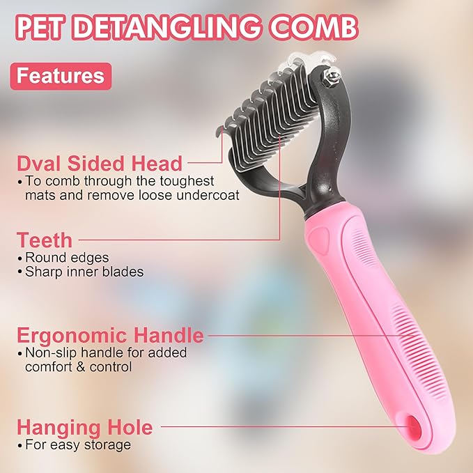Pet Grooming Brush Kit 7pcs, Cat Brush with Release Button Comb Set for Shedding -Cat Brush&Nail Clippers File Set for Cat Dogs Long matted Haired Pets and Nail Repair(Pink)