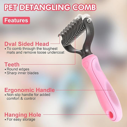 Pet Grooming Brush Kit 7pcs, Cat Brush with Release Button Comb Set for Shedding -Cat Brush&Nail Clippers File Set for Cat Dogs Long matted Haired Pets and Nail Repair(Pink)