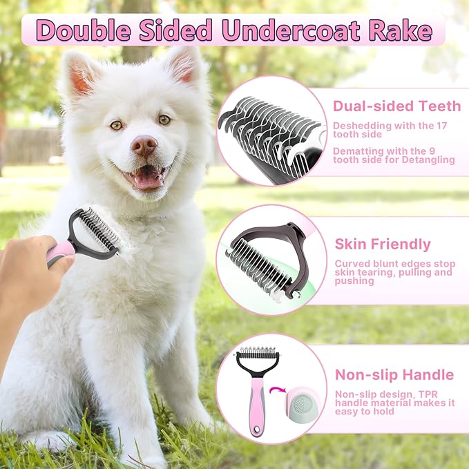 Dog Brush Dog Grooming Kit 7PCS Dog Brush for Shedding-Dog Brushes for Grooming, Dematting Comb for Dogs, Cat & Dog Nail Clipper with Nail File, Flea Comb, Pet Comb, Dog Bath Brush-Pink
