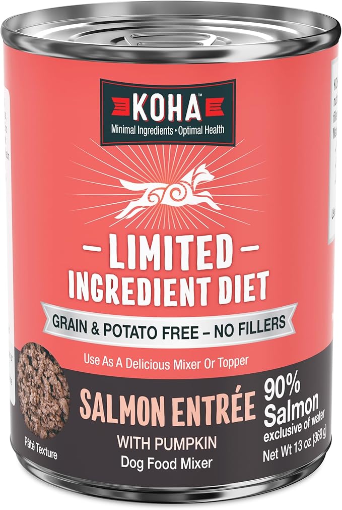 KOHA Limited Ingredient Diet Salmon Entrée for Dogs - Dog Food Toppers for Picky Eaters - Sensitive Stomach Canned Dog Food - Pate Dog - 13 oz Pack of 12
