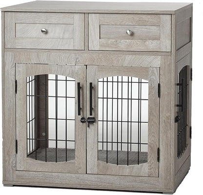 Dog Crate Furniture with 3 Doors,39.4" Large Dog Crate with 2 Drawer & Cushion,Wooden Dog House Kennel for Medium/Large Dog (39.4" L_23.6" W_40" H)