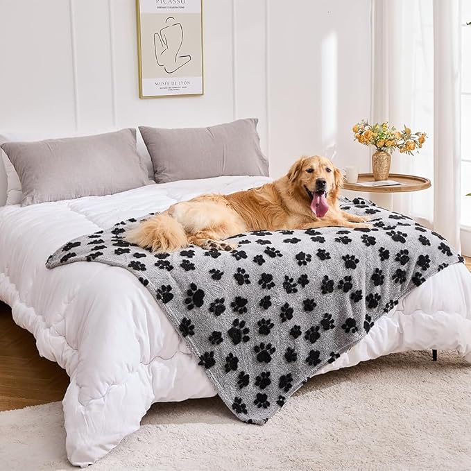 Qeils Jacquard Dog Blankets for Large Dogs, Cozy Calming Pet Blanket Washable for Couch Protection, 280GSM Coral Fleece Plush Fluffy Throw Blanket, Black Paws, 50x60IN