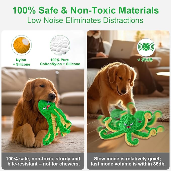 Interactive Dog Toys Octopus,Durable Automatic Jumping Dog Toy to Keep Them Busy,Squeaky Moving Tug of War Doggie Toy,USB Rechargeable,Not for Aggressive Chewers (Green)