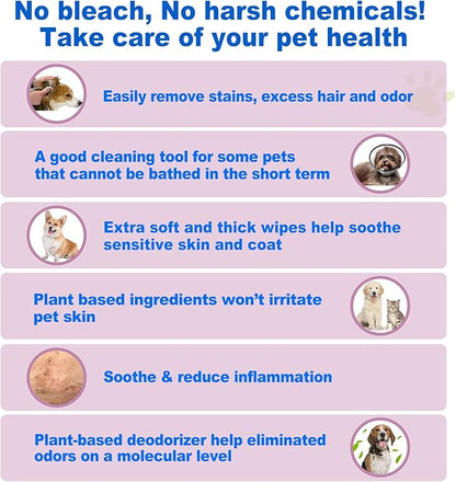 DR.EASY Odor Remover Pet Grooming Wipes 100Ct Lavender Plant Based Ingredients for Paws,Body,Nose &Bum Cleaning,Remove Dirt,Dander & Excess Hair with Soft and Thick Wipes,No Artificial Fragrance