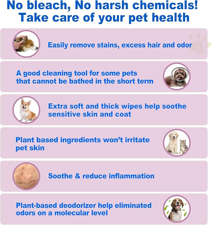 DR.EASY Odor Remover Pet Grooming Wipes 100Ct Lavender Plant Based Ingredients for Paws,Body,Nose &Bum Cleaning,Remove Dirt,Dander & Excess Hair with Soft and Thick Wipes,No Artificial Fragrance