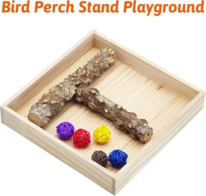 BNOSDM Portable Bird Perch Stand with Potty Tray, Natural Wood Tabletop Training Gym Parrot Playground Toy for Budgies, Cockatiels, Lovebirds,Conures
