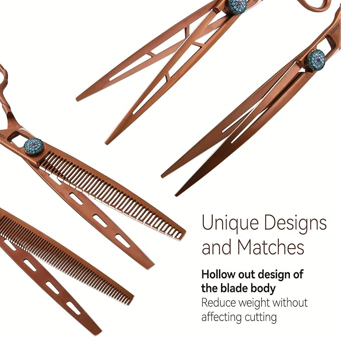 7.5'' Dog Grooming Scissors Set 4PCS Curved Thinning Straight Chunkers Shears Kit with Hollow Out Design Ergonomic Offset Handle High Cobalt Alloy Steel Sharp and Durable(7.5, Chocolate Kit)