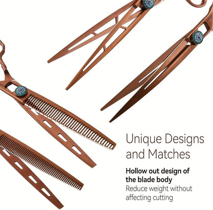7.5'' Dog Grooming Scissors Set 4PCS Curved Thinning Straight Chunkers Shears Kit with Hollow Out Design Ergonomic Offset Handle High Cobalt Alloy Steel Sharp and Durable(7.5, Chocolate Kit)