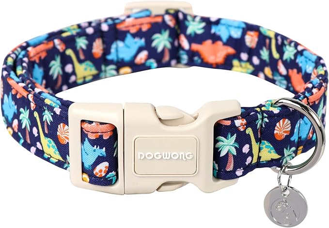 DOGWONG Cotton Dog Collar, Blue Dinosaur Dog Collar for Small Medium Large Dogs