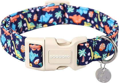 DOGWONG Cotton Dog Collar, Blue Dinosaur Dog Collar for Small Medium Large Dogs