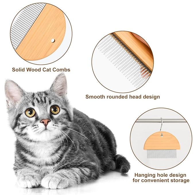 Flea Comb for Cats 3 Pcs, Wooden Cat Comb Pet Comb with Rounded-Tip Teeth Tangles and Loose Fur, Grooming Comb Tool for Cats,Dogs and Rabbits Tangled Hair