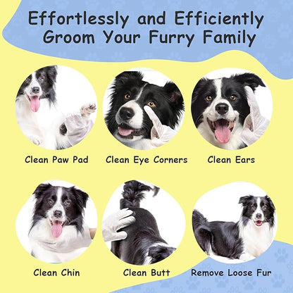 Hypoallergenic Cleaning Deodorizing Bath Wipes Gloves for Dogs Cats Gentle No-Rinse Nourishes Fur for Daily Use Travel Puppy Silver-ions
