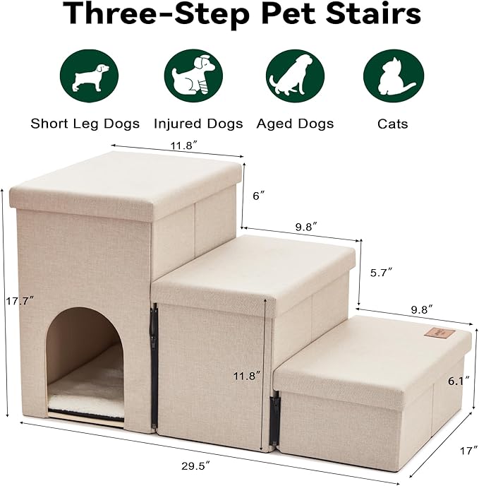 Love's cabin Dog Stairs for Small Medium or Large Dogs with Storage and Condo,Foldable Dog Steps for Bed or Couch,3-Step Gray Folding Cat Dog Ramp with Zip up to 210 lbs,Beige