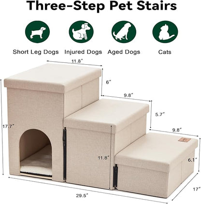 Love's cabin Dog Stairs for Small Medium or Large Dogs with Storage and Condo,Foldable Dog Steps for Bed or Couch,3-Step Gray Folding Cat Dog Ramp with Zip up to 210 lbs,Beige