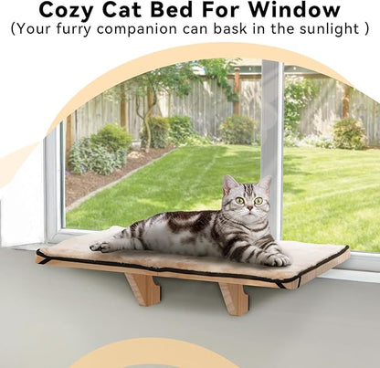 PETSFIT Window Perch, Cat Hammock Window Seat with Natural Solid Wood&Removable Fleece Mat,Safety Sturdy Cat Bed for Windowsill, Bedside and Drawer