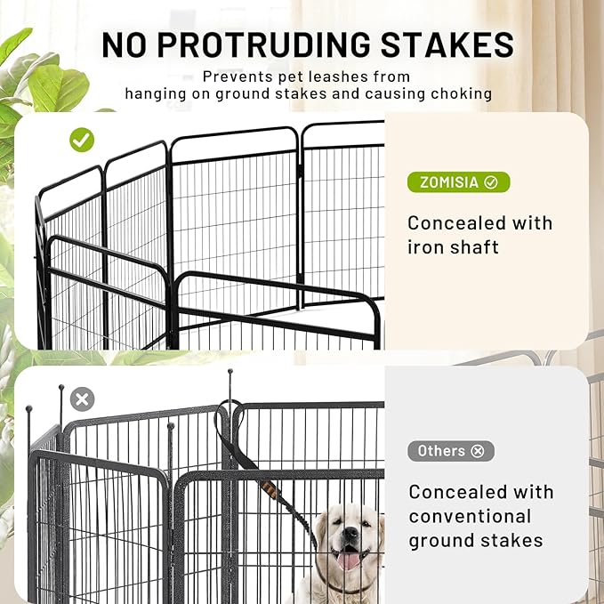 Dog Play Pen Indoors - 8 Panels 32" Playpens Indoor Safety Design Without Stakes, Threshold Free Door Ease to Access, Portable Fence Ground Anchors for Outdoor, Yard and RV Camping