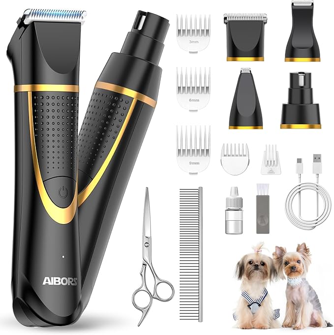 Small Dog Grooming Kit, 4 in 1 Electric Cordless Dog Paw Trimmer with Nail Grinder, Low Noise Dog Nail Trimmers, IPX7 Waterproof Small Dog Grooming Clippers for Paws, Ears, Face, Hip Hairl