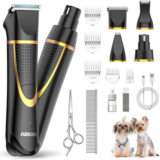 Small Dog Grooming Kit, 4 in 1 Electric Cordless Dog Paw Trimmer with Nail Grinder, Low Noise Dog Nail Trimmers, IPX7 Waterproof Small Dog Grooming Clippers for Paws, Ears, Face, Hip Hairl