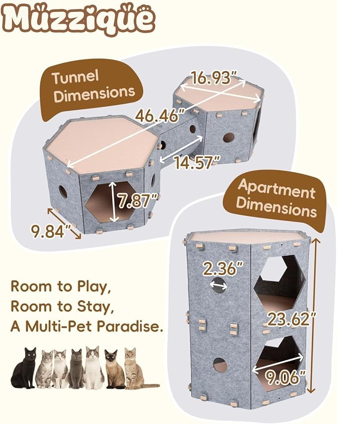 Cat Play House for Indoor Cats & Small Dogs, Muzzique Expandable Modular Felt Pet Tunnel Castle, Large Scratch Kitten Condo, Stackable Kitty Cave Platform, Sleeping Puppy Bed, XL Nest with Hair Brush