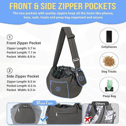 SlowTon Dog Carrier Sling - Hard Bottom Support Dog Carriers for Small Dogs with Adjustable Padded Shoudler Strap, Dog Purse for Puppy Cat Pet with Drawstring Opening Storage Zipper Pockets (Grey)