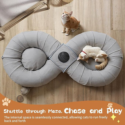 Pawaboo 2-in-1 Cat Tunnel Bed for Indoor Cats, 8-Shaped Large Cat Tunnels with Plush Cushions, Foldable Cats Cave Hideout Kitty Toys with Fluffy Balls, Donut Tunnel for Kitten Rabbit Ferret, Grey
