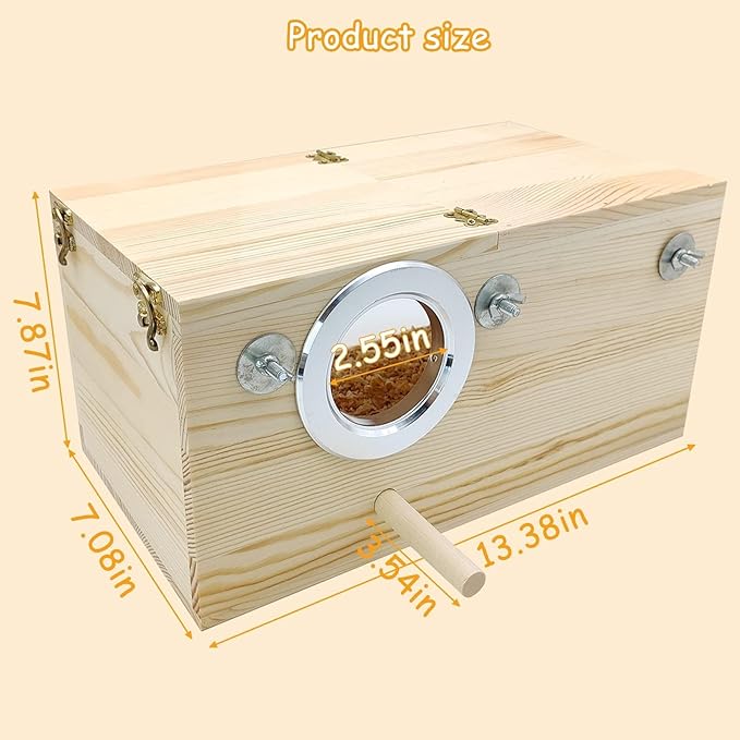 PINVNBY Large Natural Wood Parakeet Nesting Box Budgie Breeding Box Acrylic Bird Nest for Cage Transparent Panoramic for Birds, Parrots, Cockatiels, Lovebirds, Canaries (XL: 13.3 x 7.8 x 7.08 inch)