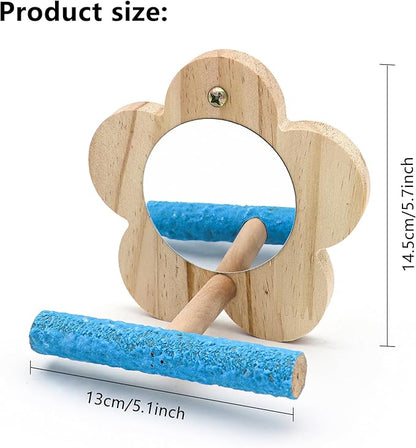 2Pcs Small Bird Mirror Parrot Swing,Wooden Parakeet Perches Flower Interactive Play Toys for Small Budgies Macaw African Grey Parakeets Lovebird Cockatiel Cage Accessories (S,Wood-2p)