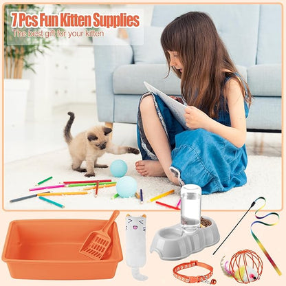 7 Pcs Small Cat Kitten Starter Kit Cat Litter Box with Shovel Paw Litter Mat Double Automatic Kitten Bowls Toy Teaser Stick Collar Essentials Kits for 1-3 Lbs Beginner(Simple,Orange)
