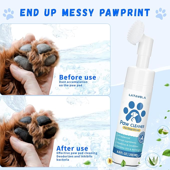 Dog Paw Cleaner, No-Rinse Foaming Cleanser, Moisturizing & Deodorizing Paw Wash with Silicone Bristle Brush, Deep Clean, Easy & Portable Paw Cleaner for Dogs