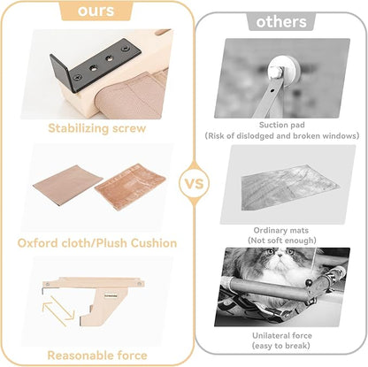 PETSFIT Cat Window Perch, Hammock Window Seat with Solid Wood Support, Metal Frame & 2 Removable Pads, Easy to Adjust & Assemble Cat Bed for Windowsill, Bedside and Drawer