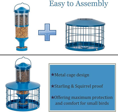 Caged Bird Feeders Squirrel-Proof, Metal, 2.8 Lbs Capacity-Cage Tube Seed Feeders with Tray Outdoor Hanging, Attract Birds,Detachable Cleaning, Starling Proof Wild Bird Feeder（Blue）