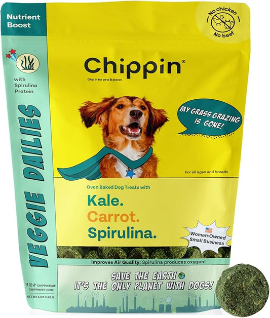 Chippin Plant-Based Spirulina Healthy Supplement & Dog Treat (5oz, 1-Pack) | Stop Grass Eating | Hypoallergenic, Chicken-Free Vegan Protein | 100% Made in USA