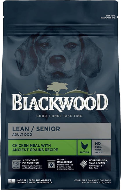 Blackwood Lean/Senior Dry Dog Food, Chicken Meal with Ancient Grains, 4.5 Pound Bag for Weight Management and Muscle Mass Maintenance