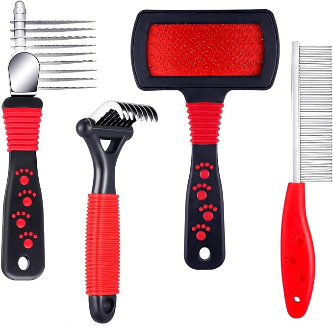 4 Pieces Pet Grooming Kit - Dematting Combs, Slicker Brush, and Steel Comb for Removing Knots and Hair from Dogs, Cats, and Poodles