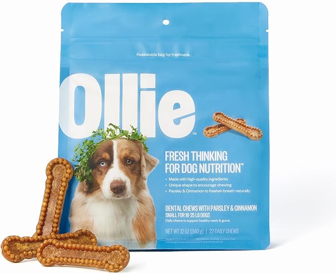 Ollie Dental Chews for Small Dogs, 12 Oz, Fresh Breath, Teeth Cleaning Treats, Sticks for Dog Oral Care, with Parsley and Cinnimon, for Pups 16-25 lbs