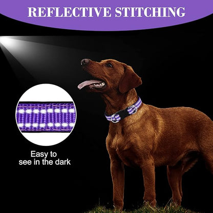 AUAUY Reflective Nylon Dog Collars, Adjustable Classic Pet Collars with Soft Neoprene Padding, Double Security Dual D-Ring and Quick Release Buckle for Small Puppy, Medium and Large Dogs (Purple-S)