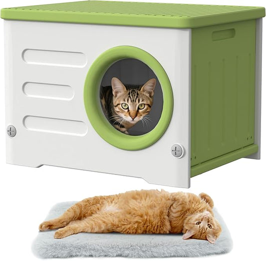 Plastic Cave-Style Cat House for Outdoor Indoor Use, Weatherproof&Insulated Feral Shelter Elevated Stackable Waterproof Cat House with Bed Cushion(Green)