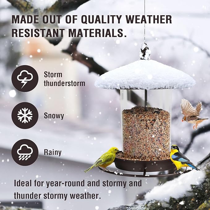 Metal Bird Feeder for Outdoors Hanging,3.0LB Seed Feeder,Easy to Fill & Clean,360° Feeding,Weatherproof Roof for Gardens and Wild Birds,Brown