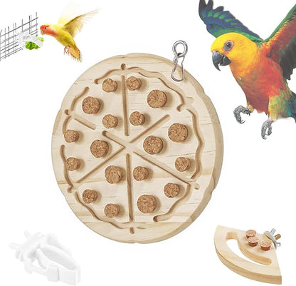 Bird Chew Toy – Wooden Foraging Puzzle Toy with Cork Stoppers, Hanging Bird Cage Toy for Parrots, Conures, Budgies, Cockatiels, Macaws, Finches, and Small to Medium Birds(Pizza)