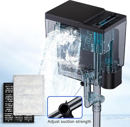 Aquarium Filter, 6W 150GPH HOB Fish Tank Filter, 4-Stage Bio-Filtration for 10-40 Gallon Tanks, Quiet Power Waterfall Filter with Adjustable Flow, Includes Filter Cotton & Bio Media