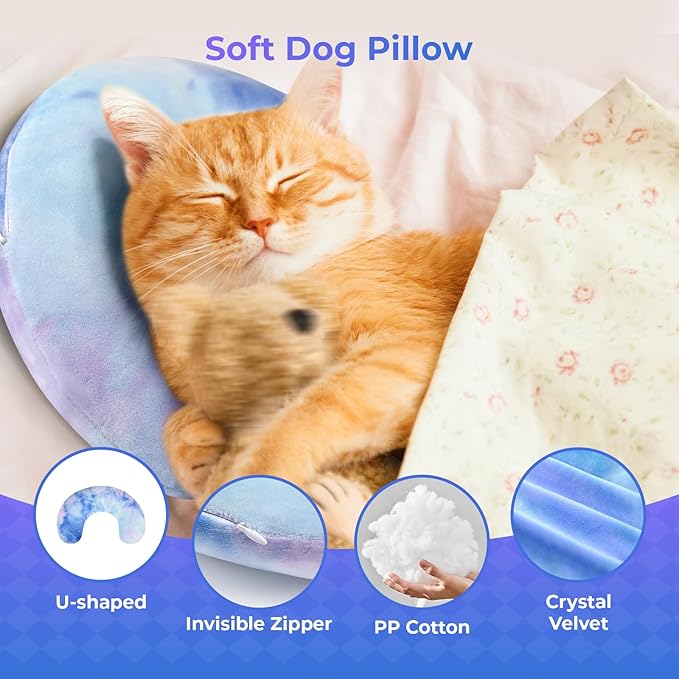 Dog Pillow, U-Shaped Dog Calming Pillow for Pet, Soft Dog Neck Pillow Machine Washable Dog Bed Pillow for Dog and Cat Enhance Sleep Quality (Purple Blue, Small)