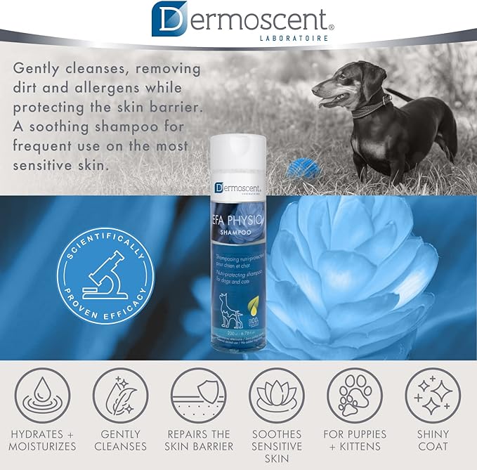 Dermoscent EFA Physio Shampoo for Dogs & Cats - Gentle Natural Ingredients for Frequent Bathing Allergies & Itchy Skin Relief - Soothes Dermatitis & Atopic Skin - 200 ml