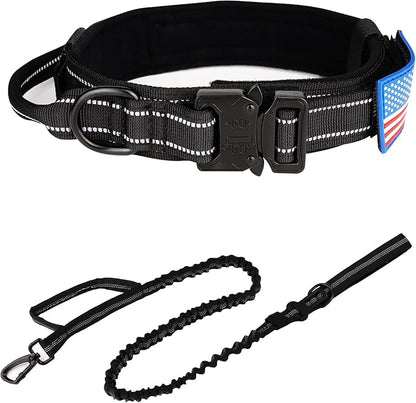 KCUCOP Tactical Dog Collar, Heavy Duty Dog Collar with Handle and Metal Buckle, Military Thick Dog Collars for Medium and Large Dogs(Black-Reflective Set-XL, 1 Patch)