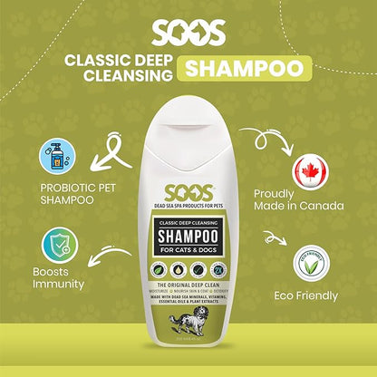 Soos Pets Dog Shampoo for Cats and Pets Natural Dead Sea Classic Deep Cleansing Fast Absorbing Coat with Vitamins Minerals Essential Oils Natural Ingredients Antib-acterial - 1x Pet Shampoo (250ml)