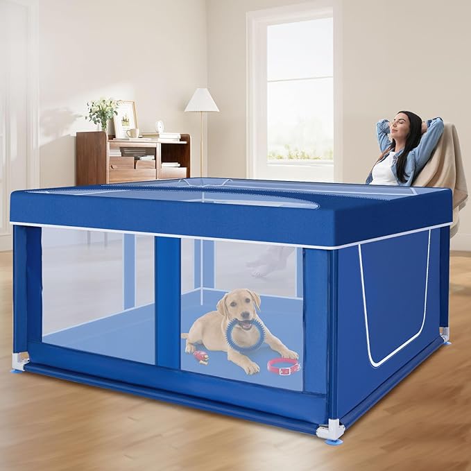 42x42 Inches Puppy Playpen with Top Cover, Dog Playpen for Small or Puppy Dogs, Pet Playpen for Indoor & Outdoor, Sturdy Safety Dog Crate with Durable Mesh Windows, Blue