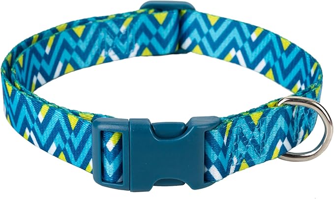 Mile High Life Dog Collar | Cute Puppy Collars | Lightweight Girl Dog Collar | Soft Boy Dog Collars | w Geometric Ocean Wavy Pattern (Light Blue/Hot Blue, Large)