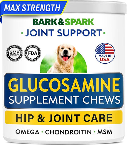 Bark&Spark Glucosamine Chondroitin Dog Hip & Joint Supplement - Joint Pain Relief - Hip & Joint Chews - Joint Support Large Small Breed - Senior Doggie Vitamin Pill Joint Health (120 Treats - Chicken)