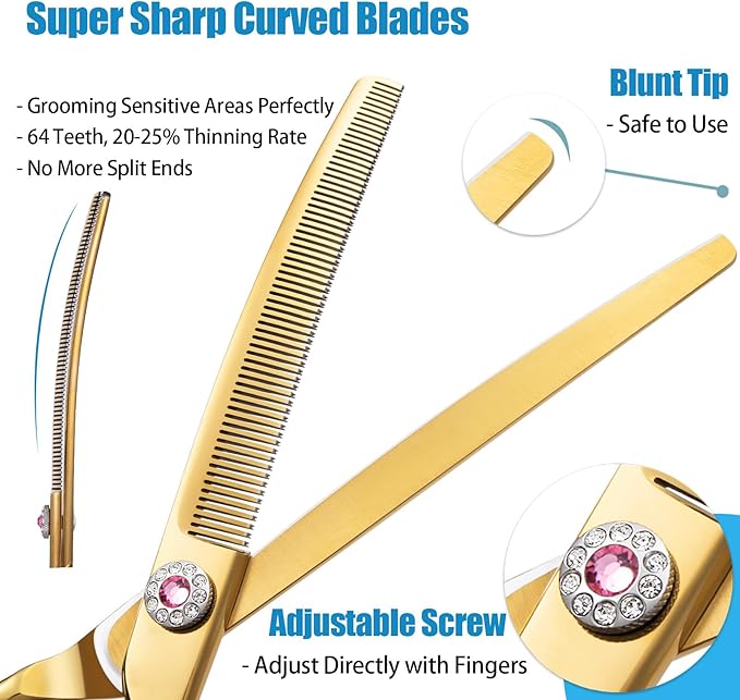 7" Downward Curved Dog Grooming Thinning Scissors for Grooming Face and Paws Safety Shears Trimming Cutting Shears for Dog Cat Pet Grooming Gold